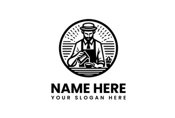 Barista pouring milk into coffee, creating art in a circular logo