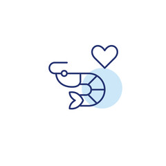 Prawn and heart. Healthy groceries for cooking. Customer favorite. Fresh seafood. Pixel perfect, editable stroke vector icon