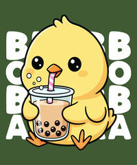 Cute yellow chick drinking boba tea kawaii illustration – adorable cartoon bird with bubble tea cup, perfect for funny t-shirt designs, kids apparel, and cute vector merchandise