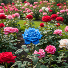 Vibrant Blue Rose in a Garden with Red Roses and Gift Box in Sunlight