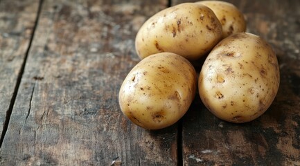 Fresh potatoes on rustic wooden surface