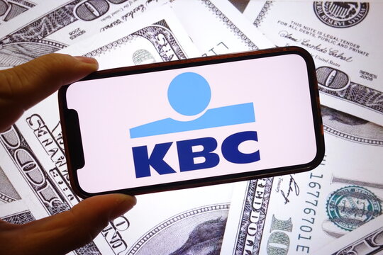 Konskie, Poland - September 28, 2025: KBC Group company logo displayed on mobile phone