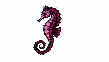 Fototapeta premium A vividly colored pink seahorse with a swirl like tail, set against a plain gray background.