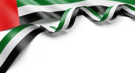 Fototapeta premium Waving ribbon with the flag of the United Arab Emirates for National Day. Patriotic UAE celebration concept on a white background with copy space