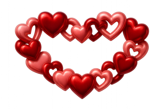 Heart shaped frame border made of multiple glossy red 3D hearts for Valentines Day isolated on white - Powered by Adobe