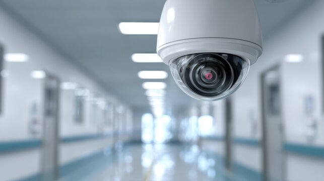 Security camera surveillance monitoring system in a modern hospital corridor with bright lighting and clean design for safety and security purposes