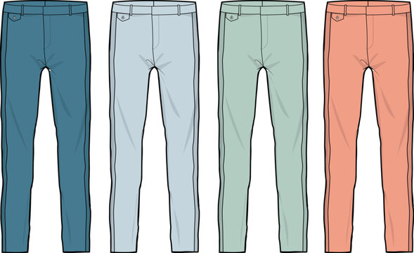 Vector template of casual chino pants in a vibrant spring color palette. Technical flat illustration set for fashion design and apparel mockups