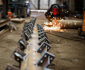 A large pipe with welded blades lies on the floor of the workshop. In the background, a welder is...