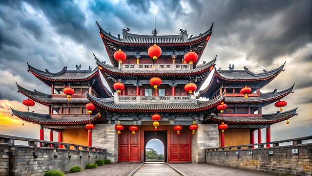 Traditional chinese temple gate with red lanterns and dramatic sky