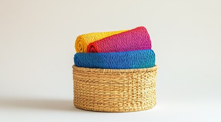 Colorful woven fabrics in a light beige basket