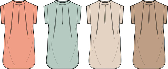 Fashion sketch of four short-sleeved tops in various pastel colors, designed for women's apparel