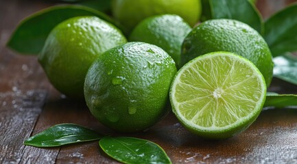 Fresh limes, whole and halved, on a wooden surface