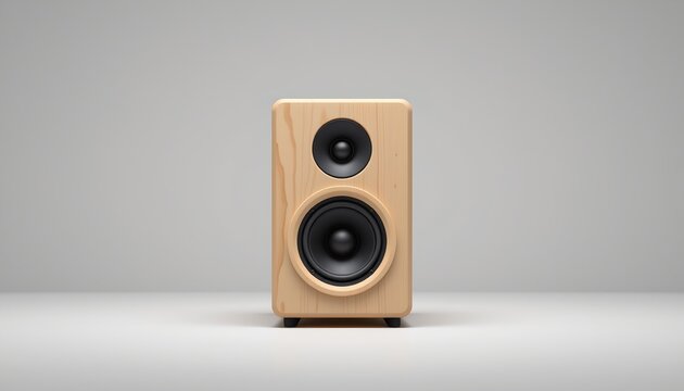 A small, wooden speaker placed on what appears to be a white surface. The speaker is the central focus of the composition, with its design featuring a sleek, modern aesthetic