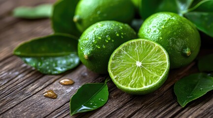 Fresh limes with leaves on rustic wood (2)