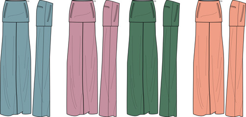 Fashion flat sketches of women's wide-leg trousers in four different colors, front and side views