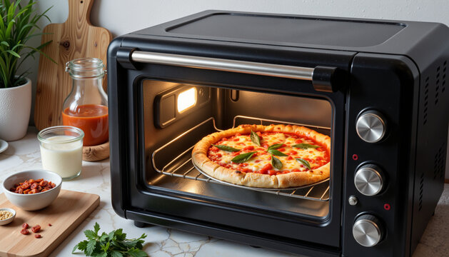Black toaster oven baking pizza with fresh ingredients in kitchen  