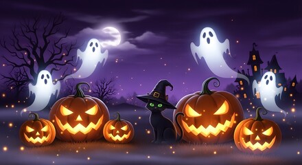 Spooky Halloween Night Pumpkins, Ghosts, and Witch Cat in Moonlight