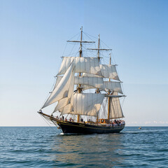 Large sailboat ship with full white sails sailing on calm blue ocean water with passengers on deck. Nautical adventure and travel concept.