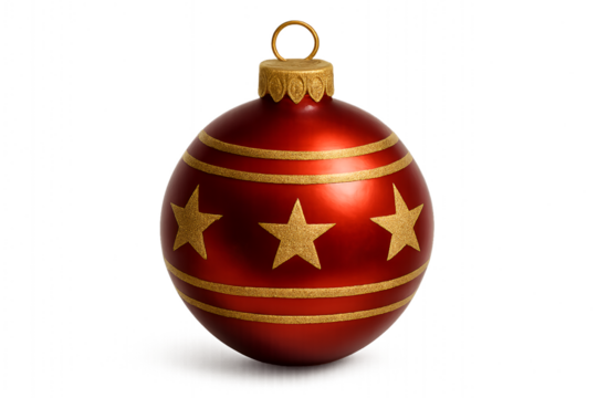 Red christmas ornament bauble with gold star decorations isolated on white background