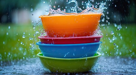 Colorful bowls stacked, water splash