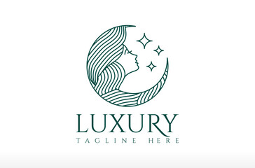 Luxury Women Logo Design, Modern Spa Aesthetic logo, Beautiful Woman icon, minimal line luxury Logo, women hair and face with sparkling star Vector Icon Symbol Silhouette Illustration brand business