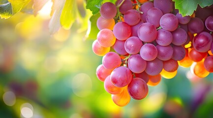 Pink grapes cluster on vine, sunlit (1)