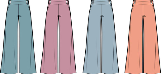 Set of women's high-waisted wide-leg trousers fashion flat technical sketches. Apparel design vector template in multiple colorways