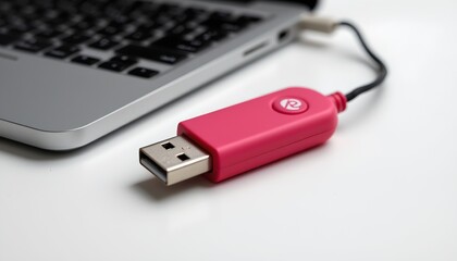 Fototapeta premium A USB hub connected to a laptop via cable, which has two ports plugged in. One of these ports is an external hard drive, while the other appears to be a flash drive