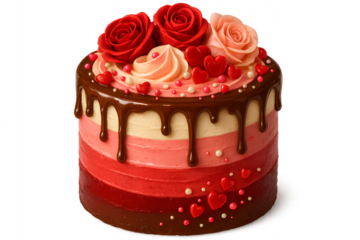 Romantic Valentines Day cake with chocolate drip and red roses 3D illustration isolated on white