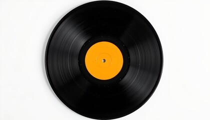 A vinyl record with a yellow label prominently displayed in the center, placed against a plain white background