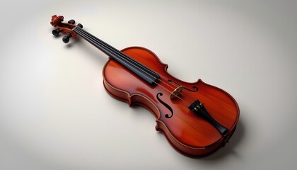 An elegant wooden violin with a bow on its bridge, resting against a backdrop of what appears to be a plain gray surface