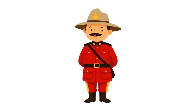 A cute cartoon Canadian Mountie character wearing a traditional red uniform, wide-brimmed hat, and mustache. Standing politely with hands behind back
