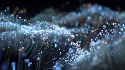 Data Stream of Light: An abstract composition of glowing fiber optics that form a dynamic, wave-like pattern, symbolizing the intricate flow of data. 