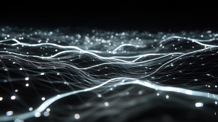 Digital Luminescence: An abstract, high-tech depiction of interconnected data streams, visualized through glowing lines and dots, suggesting complex networks and technological advancements. 