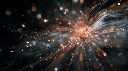 Abstract Cosmic Bloom: An abstract image evokes the mysteries of the universe, with ethereal tendrils and particles radiating outward, suggestive of a blooming cosmic event.