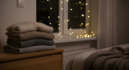Cozy Bedroom Scene: A stack of folded sweaters rests on a bedside table, illuminated by warm, inviting string lights outside the window, inviting serenity and relaxation.
