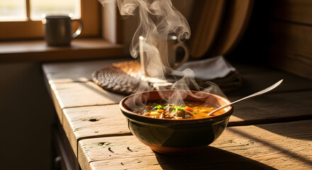 Aromatic Steam Bowl: A delectable bowl of hot soup steams gently, resting on a rustic wooden surface, next to a window, evoking the comfort of home and the warmth of a culinary masterpiece.