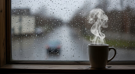 Cozy Rainy Day Coffee: A steaming mug of coffee sits on a windowsill, with rain-streaked glass, creating a serene and warm ambiance
