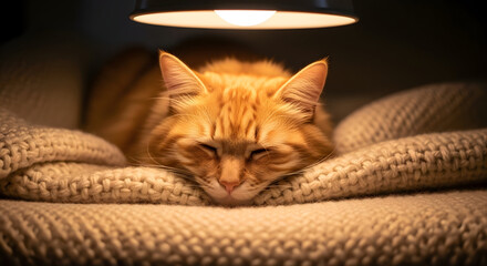 Cozy Cat Nap: An adorable ginger cat nestles comfortably on a soft, textured blanket under the warm glow of a soft overhead light, capturing the serene tranquility of a peaceful rest.
