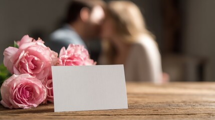 Obraz premium Romantic setting with a bouquet of pink roses and a blank card on a wooden table in soft focus, with a couple in the background sharing a tender moment.