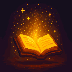 Pixel art of an open magical book glowing with stars and sparkles in a dark background