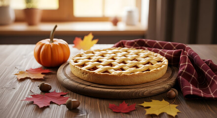 Autumn's Sweet Treat: A freshly baked apple pie rests on a wooden board, surrounded by vibrant autumn leaves, pumpkins, and a warm, inviting setting, capturing the essence of the season.