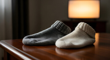 Cozy Comfort: Two warm, inviting wool socks rest peacefully on a polished wooden table in a dimly lit room, creating a sense of rest and relaxation.