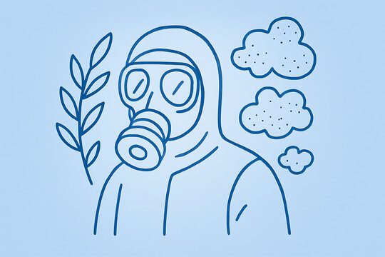 Person wearing a hazmat suit and gas mask with stylized smoke clouds and a plant branch