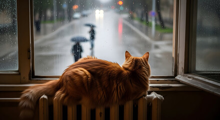 Cozy Cat Contemplating Rainy Day: An orange cat watches the rain from a window, perched comfortably, the serene atmosphere creating a sense of peace and relaxation.