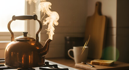 Steaming Kettle on Stove: Capturing the essence of home comfort with a copper kettle steaming on a stovetop, with a cup and some bread slices create a cozy ambiance.