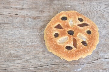 castella cake topping raisin and fruit sweet food on plastic tray