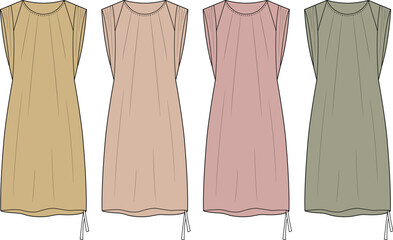 Fashion flat sketch set of a women's sleeveless dress with a gathered neckline and drawstring hem. Technical vector illustration template in four colorways © Sohan