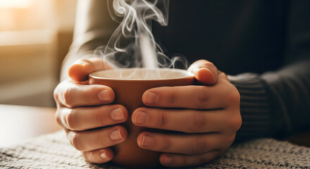 Warmth in Every Sip: A close-up shot captures hands tenderly cradling a steaming mug, inviting a sense of cozy comfort. The ethereal vapor rising from the brew hints at a moment of relaxation. 