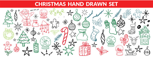 Christmas drawn holly line decor, pine branch, snowflake background. Hand drawn doodle sketch holly floral, christmas tree leaves, winter pine. Holiday ornament sketch doodle. Christmas hand drawn set